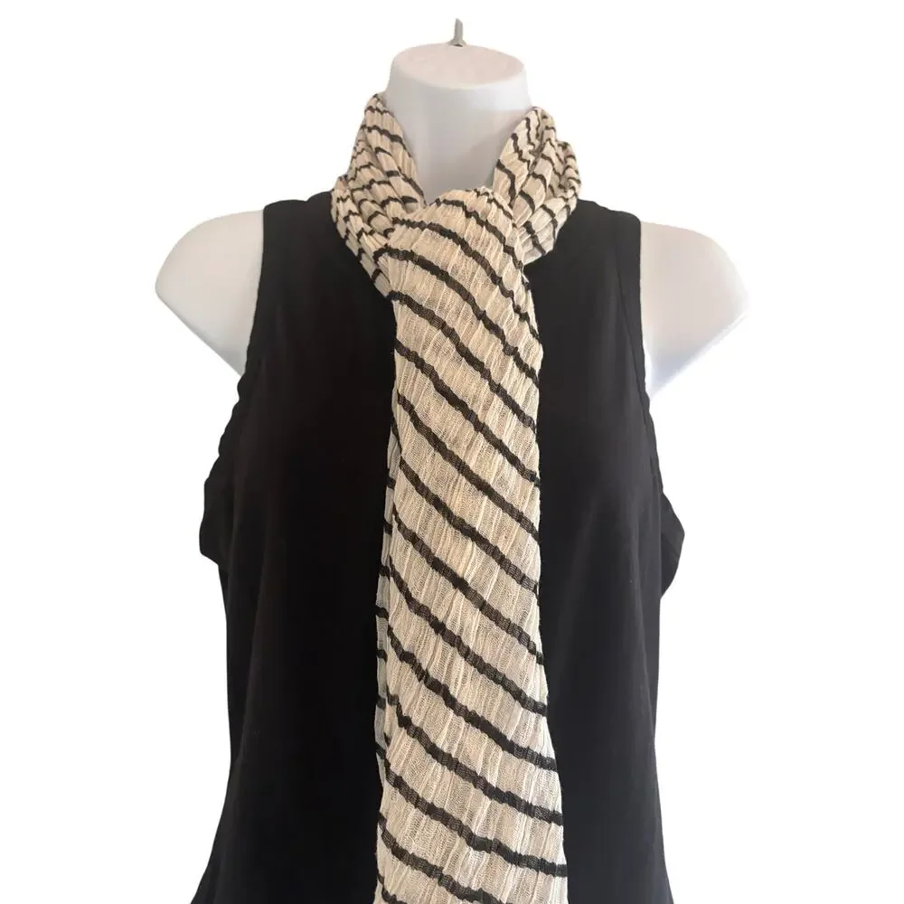 Black‎ White Stripe Lightweight Pleated Scarf Shawl Wrap Fringe